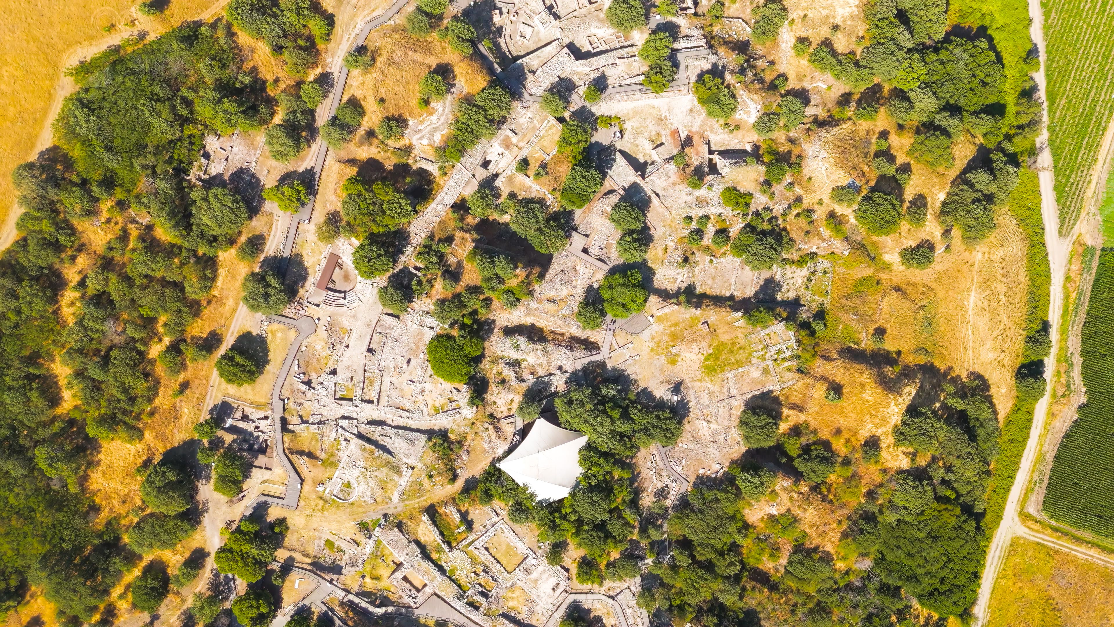 An aerial view of an ancient archaeological site with ruins, pathways, and surrounding greenery.