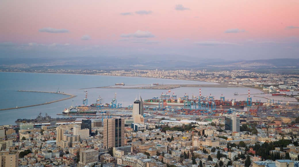 Haifa Port showing landscape views, a city and a sunset