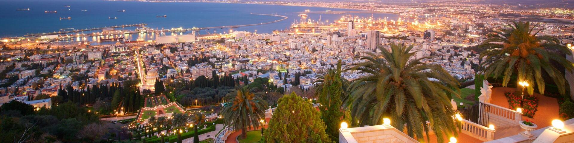 Haifa Port which includes a city, landscape views and a sunset