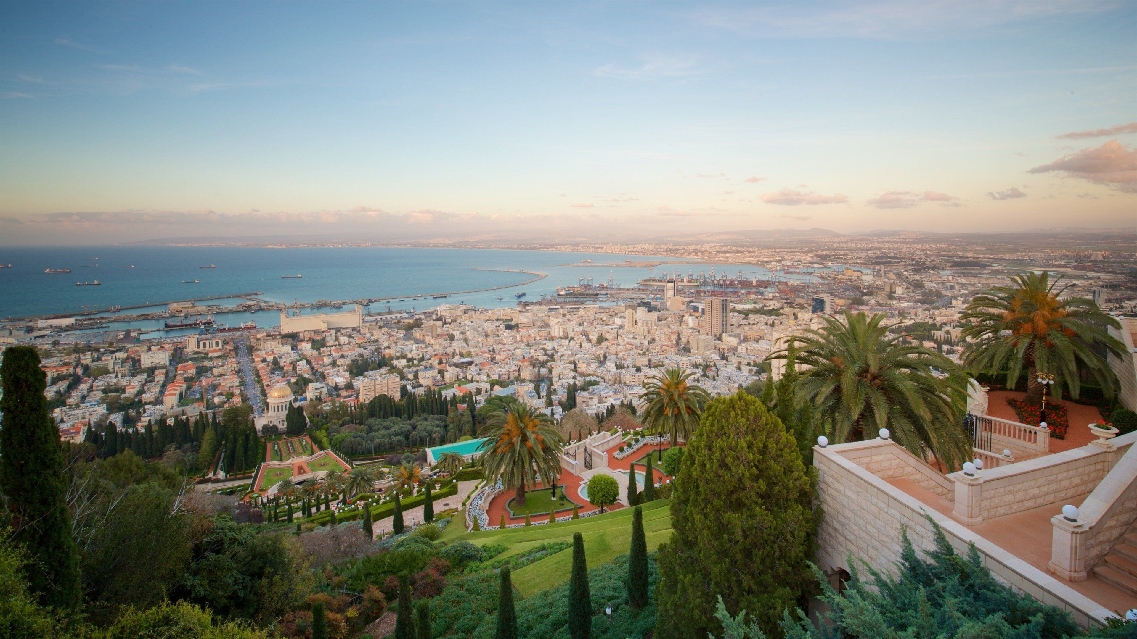 Haifa Port featuring a city, landscape views and a sunset