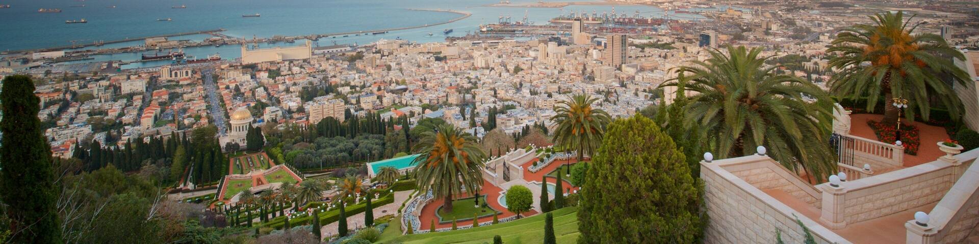 Haifa Port featuring a city, landscape views and a sunset
