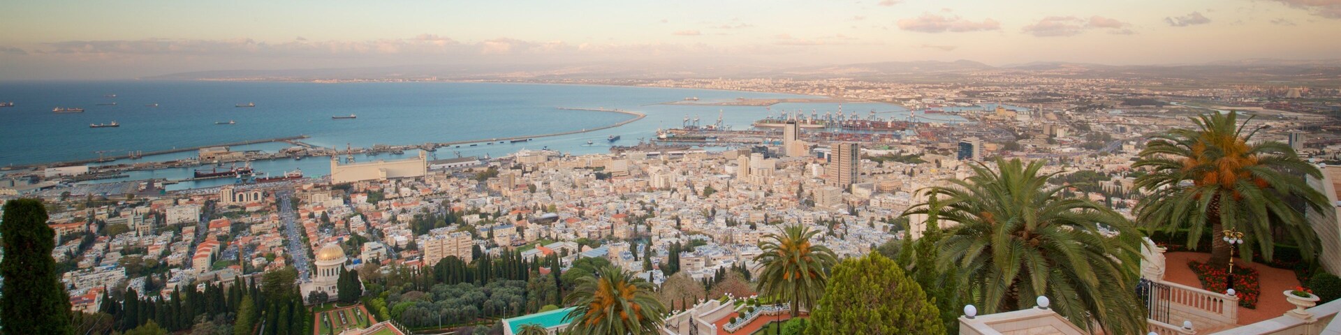 Haifa Port featuring a city, landscape views and a sunset