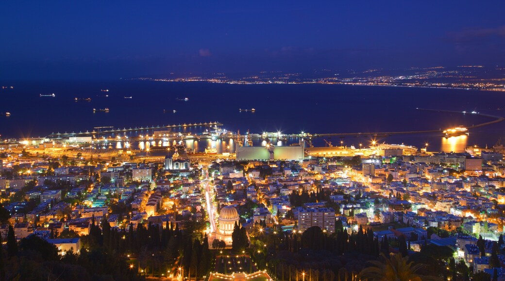 Haifa Port which includes a city, landscape views and night scenes