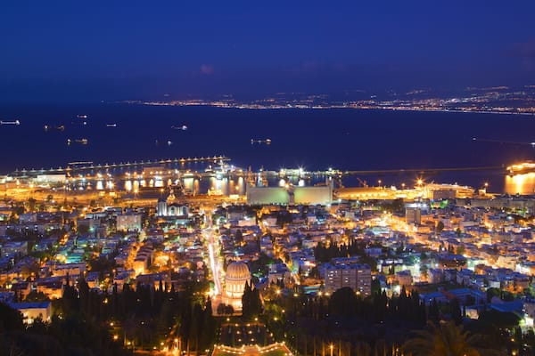 Haifa Port which includes a city, landscape views and night scenes