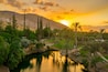 Aerial view of the sunset over Sachne or Gan Hashlosha oasis, with popular waterfall in Northern Israel