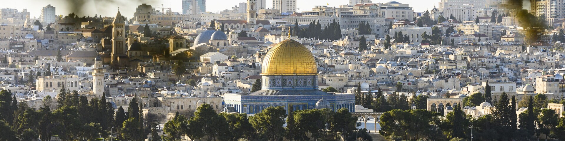 View from above, stunning view of the Jerusalem skyline with the beautiful Dome of the Rock (Al-Aqsa Mosque). Picture taken from the Mount of Olives adjacent to Jerusalem's Old City.