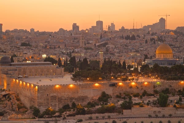 Mount of Olives which includes landscape views, a sunset and a city