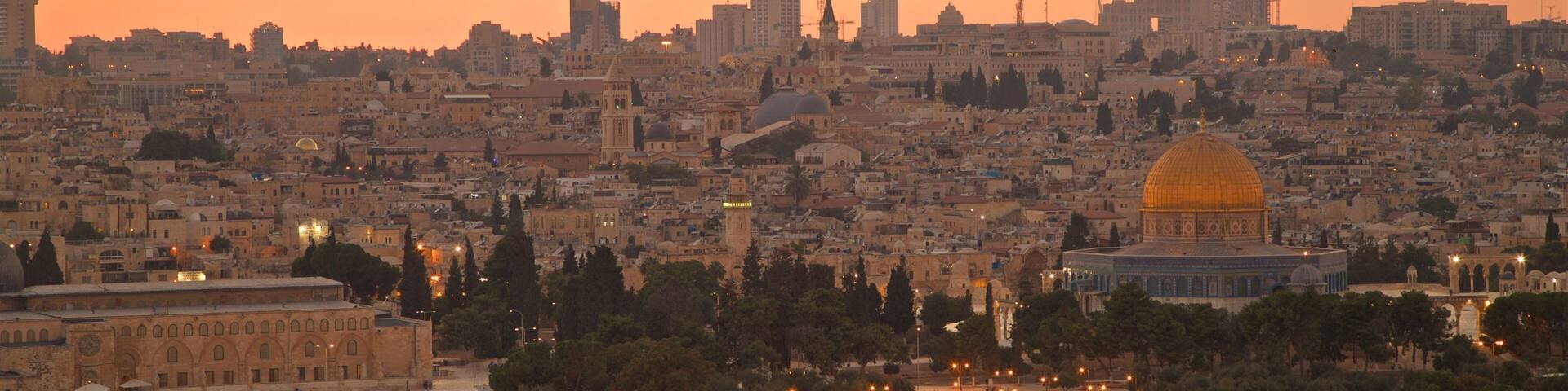 Mount of Olives showing a city, landscape views and a sunset