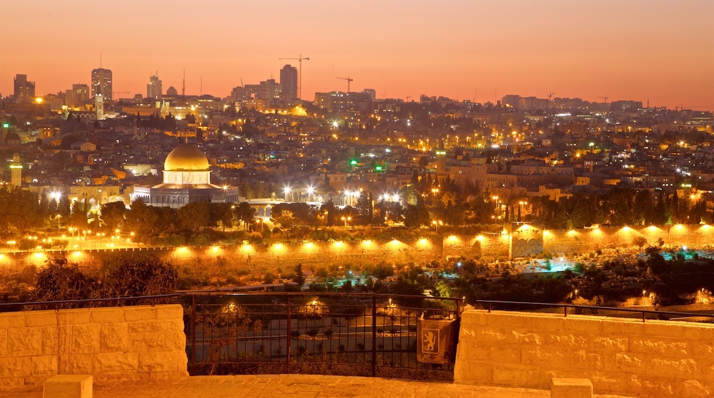 Mount of Olives showing a sunset, a city and night scenes