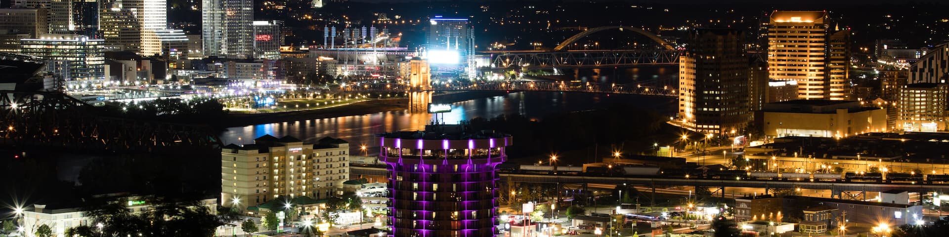 Cincinnati Skyline view from Devou Park with the Cincinnati banner