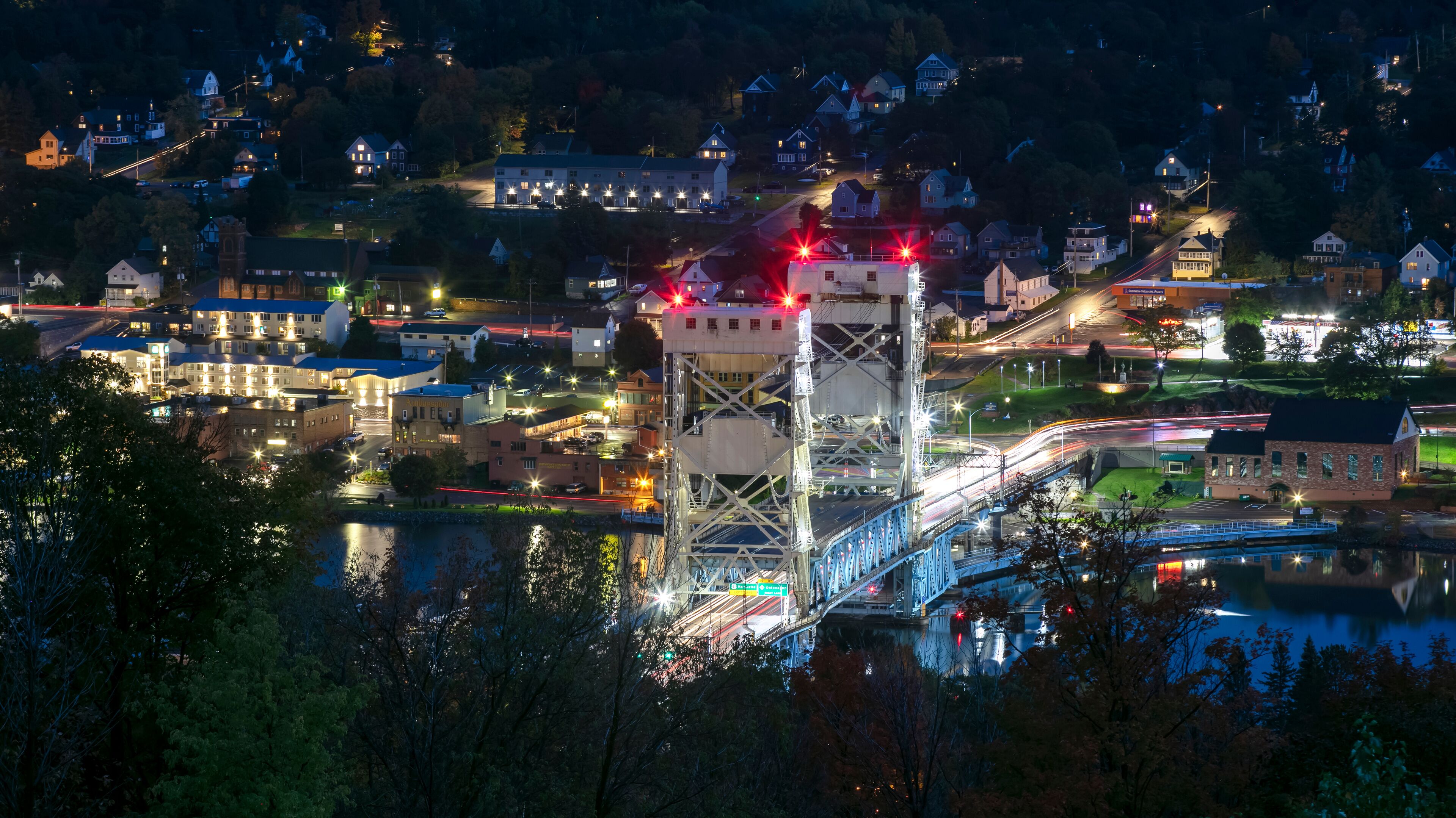 Houghton, MI, USA - Oct 3,2020:The Portage Lake Lift Bridge connects the cities of Hancock and Houghton, was built in 1959.