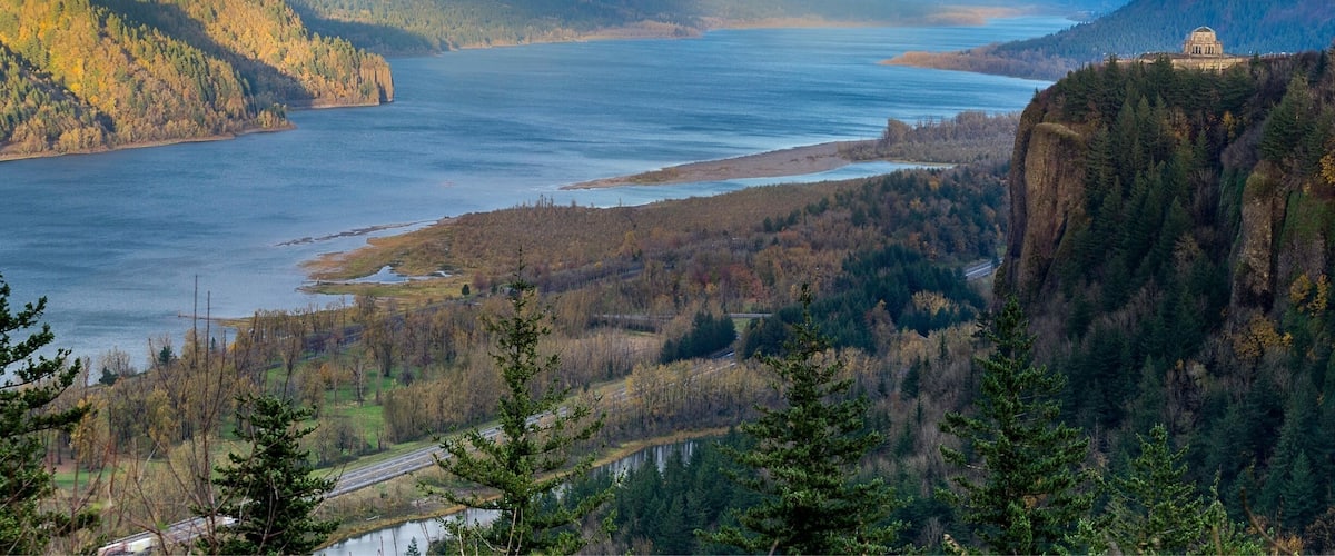 Views of the gorge looking down at the vista house at sunset. The day was full of rain except for the quick moment while I took this image.
