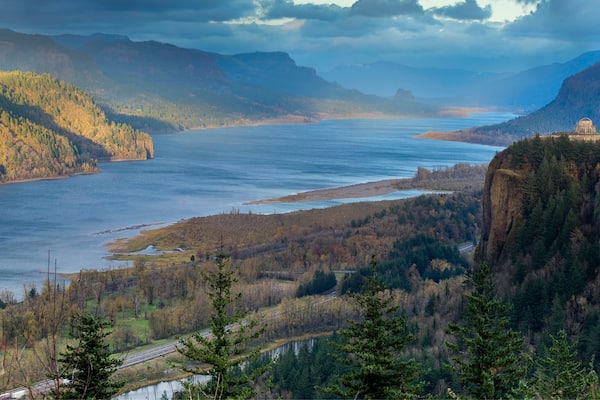 Views of the gorge looking down at the vista house at sunset. The day was full of rain except for the quick moment while I took this image.