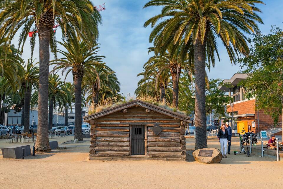 A small wooden cabin with a metal roof, surrounded by palm trees and a sandy ground.