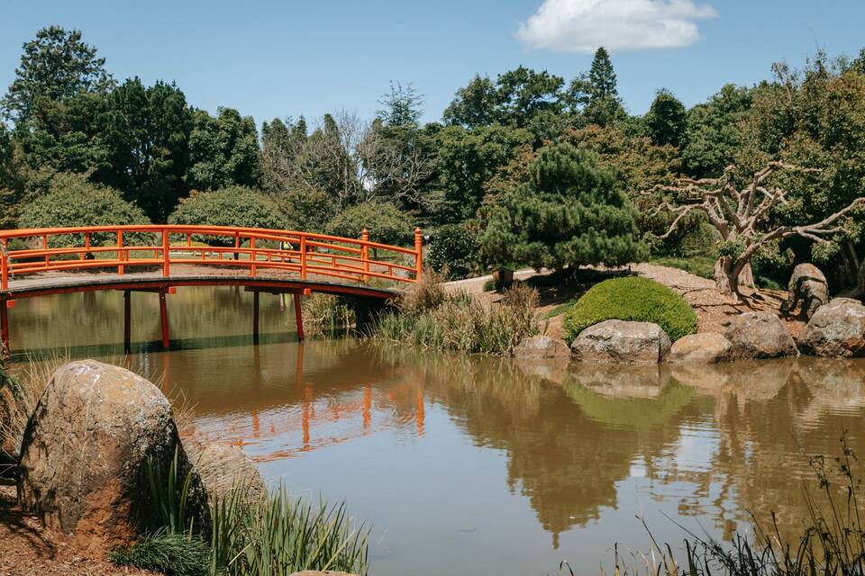 Un puente rojo sobre un estanque tranquilo rodeado de árboles y rocas.