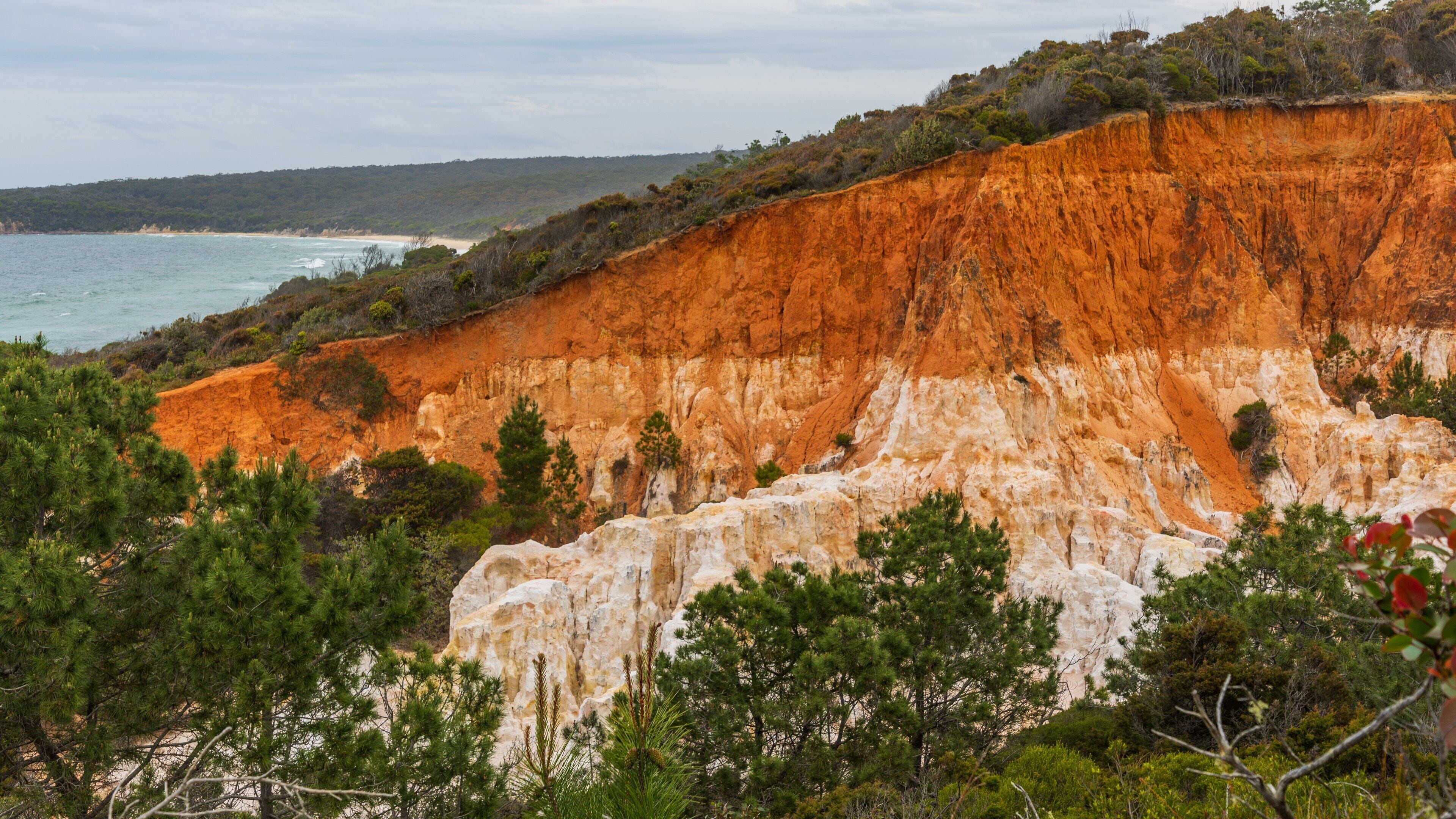 A coastal cliff with red and white layers, surrounded by greenery and the sea.