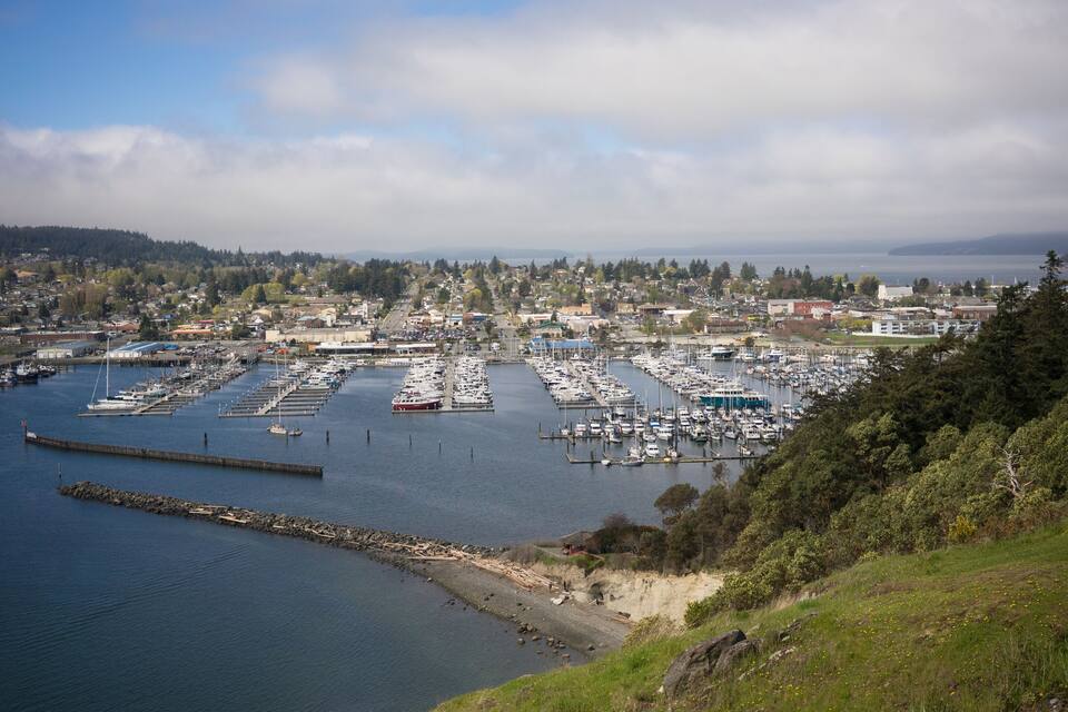 A marina with numerous boats docked, surrounded by a town and hills in the background.