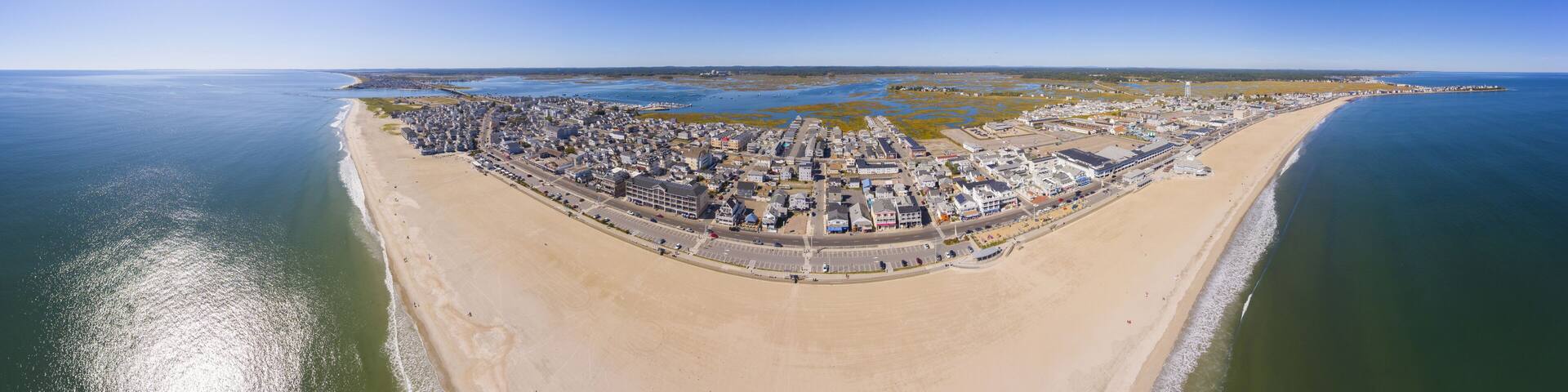 Hampton Beach panorama aerial view including historic waterfront buildings on Ocean Boulevard and Hampton Beach State Park, Town of Hampton, New Hampshire NH, USA.