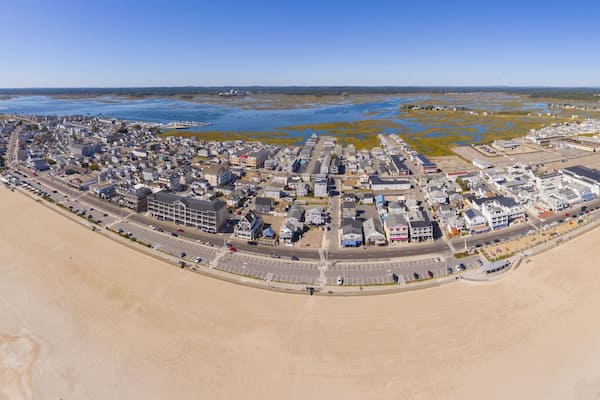 Hampton Beach panorama aerial view including historic waterfront buildings on Ocean Boulevard and Hampton Beach State Park, Town of Hampton, New Hampshire NH, USA.