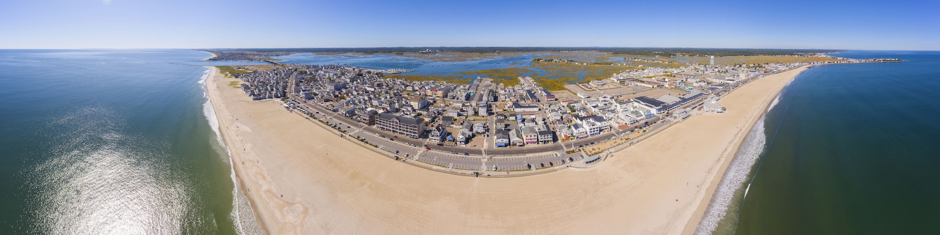 Hampton Beach panorama aerial view including historic waterfront buildings on Ocean Boulevard and Hampton Beach State Park, Town of Hampton, New Hampshire NH, USA.