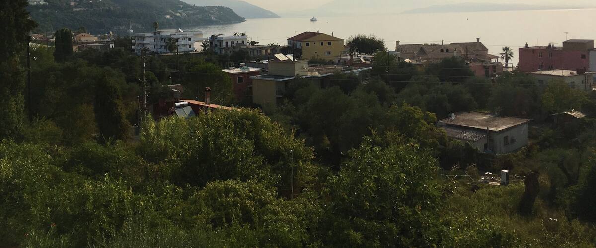 A coastal town with buildings, trees, and mountains in the background.