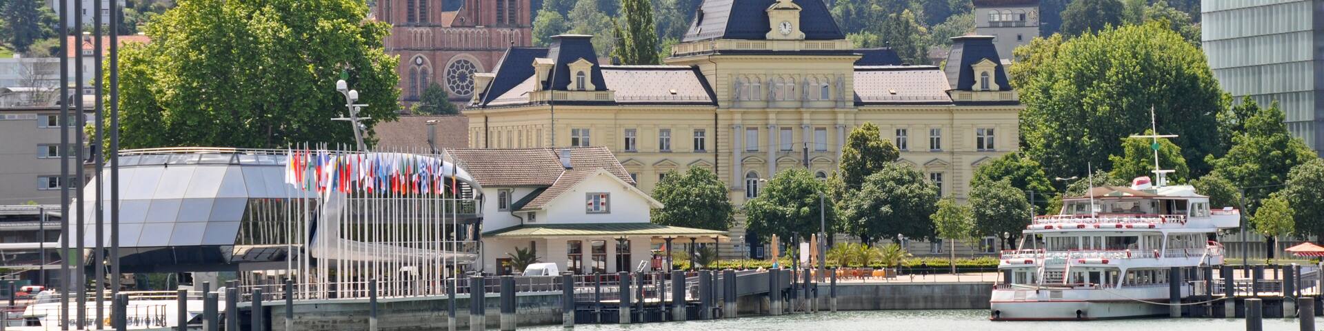 View to the Port of Bregenz in Austria from a ferry at lake Constance