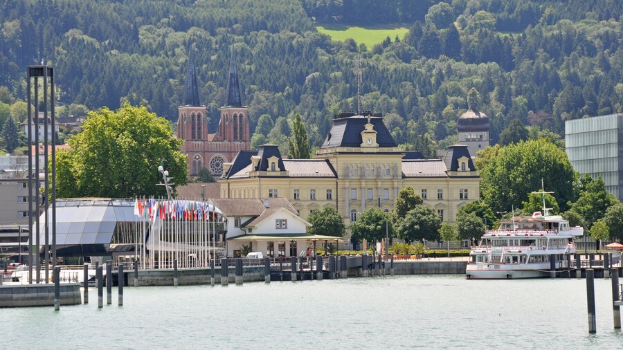 View to the Port of Bregenz in Austria from a ferry at lake Constance