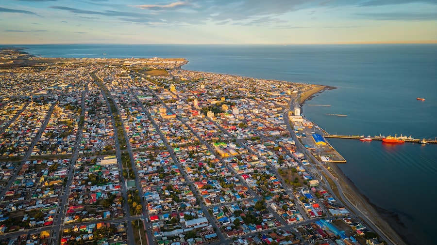 Aerial Drone Fly Above City of Punta Arenas Chile, Panoramic Cityscape in Summer Clear Sky, Ocean, Beautiful Port Town in Patagonia