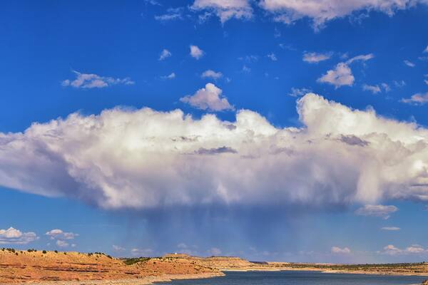 Starvation State Park Reservoir Late Summer early Fall panorama of lake around bridge with rain clouds near Duchesne on US Highway 40, in the Uinta Basin Range of Utah United States, USA