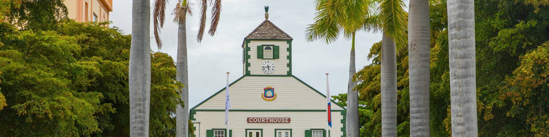 Philipsburg Courthouse featuring an administrative buidling and street scenes
