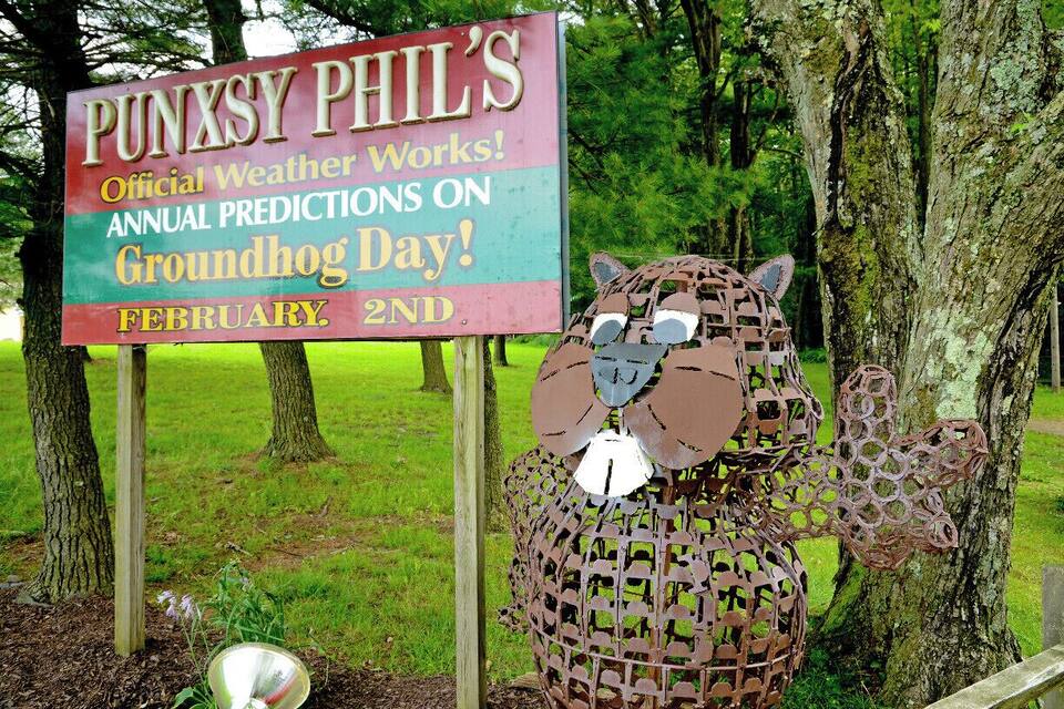 A metal sculpture of a groundhog with a sign stating "PUNXSY PHIL'S Official Weather Works! Annual Predictions on Groundhog Day! February 2nd."