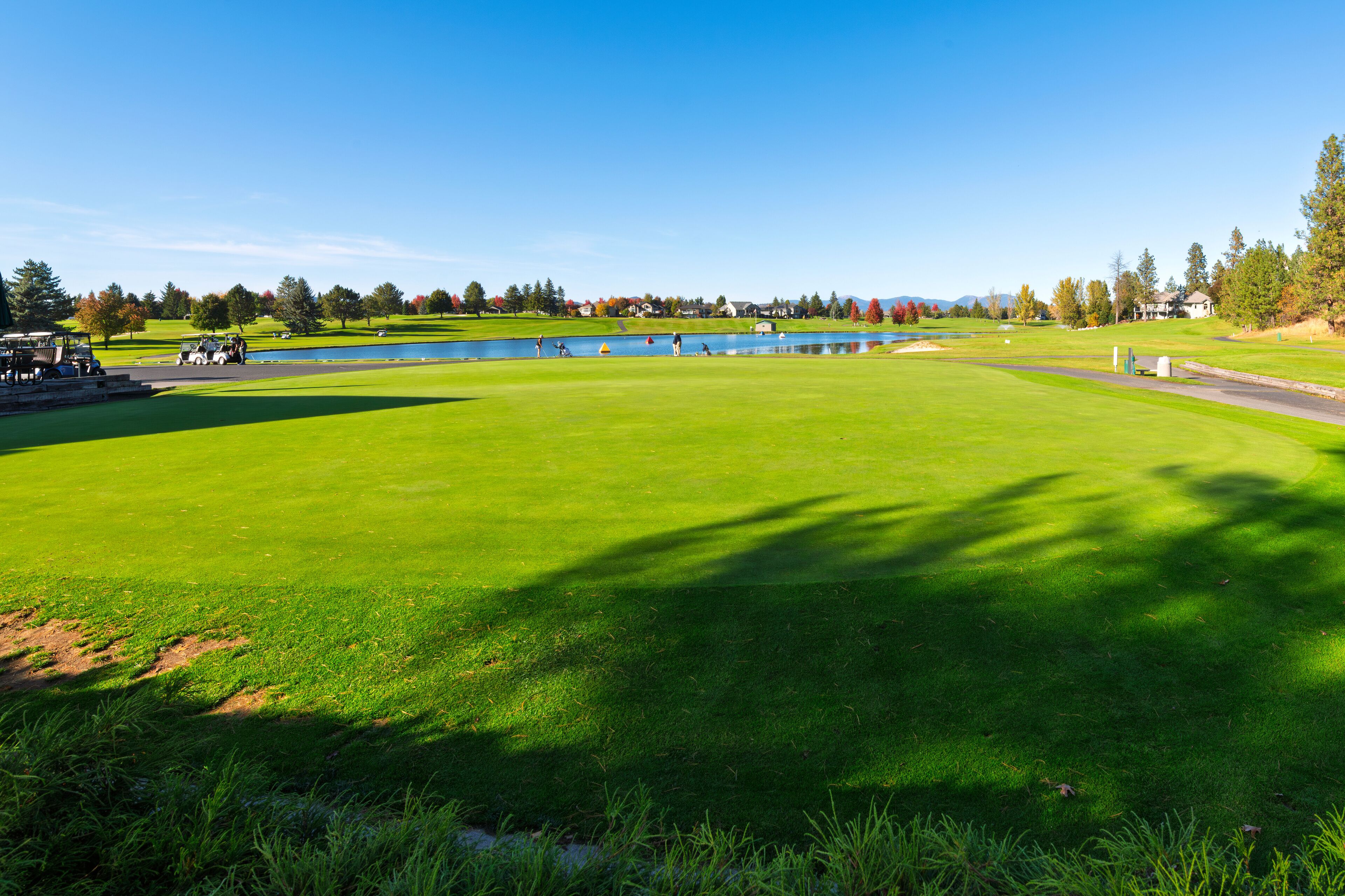 A golf course on a sunny Autumn day in the upscale suburban city of Liberty Lake, Washington, a suburb of the greater Spokane region of Northeastern Washington State.	