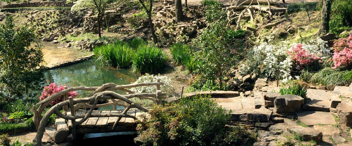 A bridge over a stream, pond, flowering Park Old Mill, the city of Little Rock, Arkansas, USA