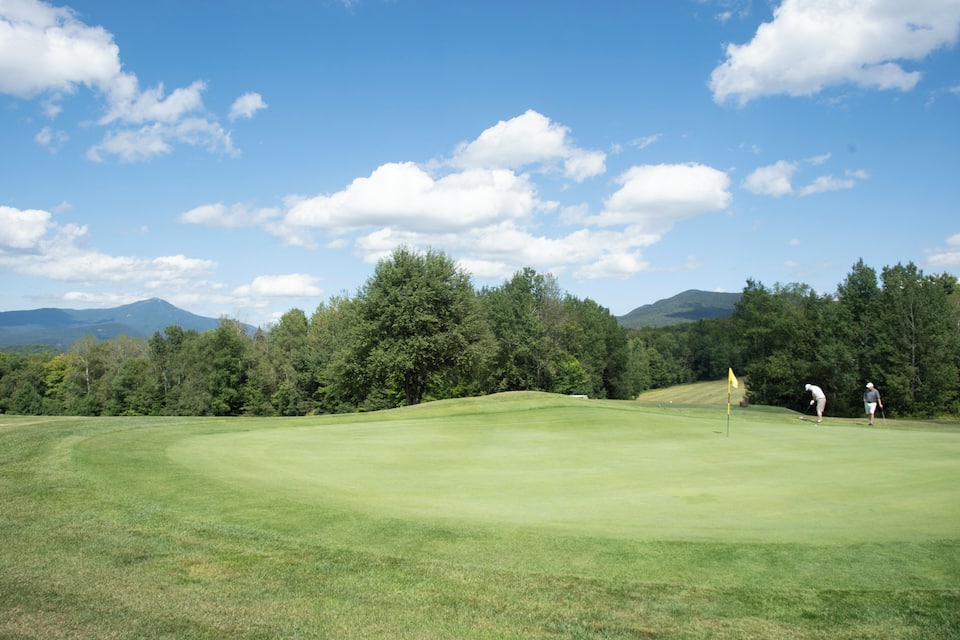 A golf course with a clear sky, green grass, trees, and mountains in the background.