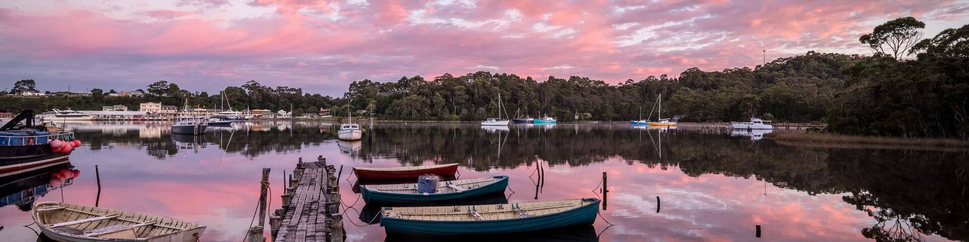 Dawn at Strahan Harbour, Tasmania, Shutterstock ID 1077179993, Purchase Order: SP-1822 ANZ-18120 Wotif Search Engine - Destination Imagery, Order Number: , Client/Licensee: Wotif, Other: