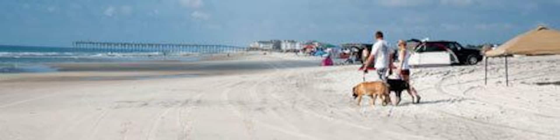 BMKXWH People with dogs walking at Freeman Park area at Carolina Beach, Pleasure Island USA