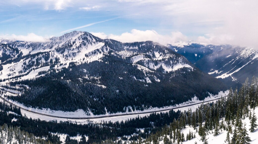 Panorama of Snowy Mountain Road and Winter Sports Resort in Pacific Northwest Forest