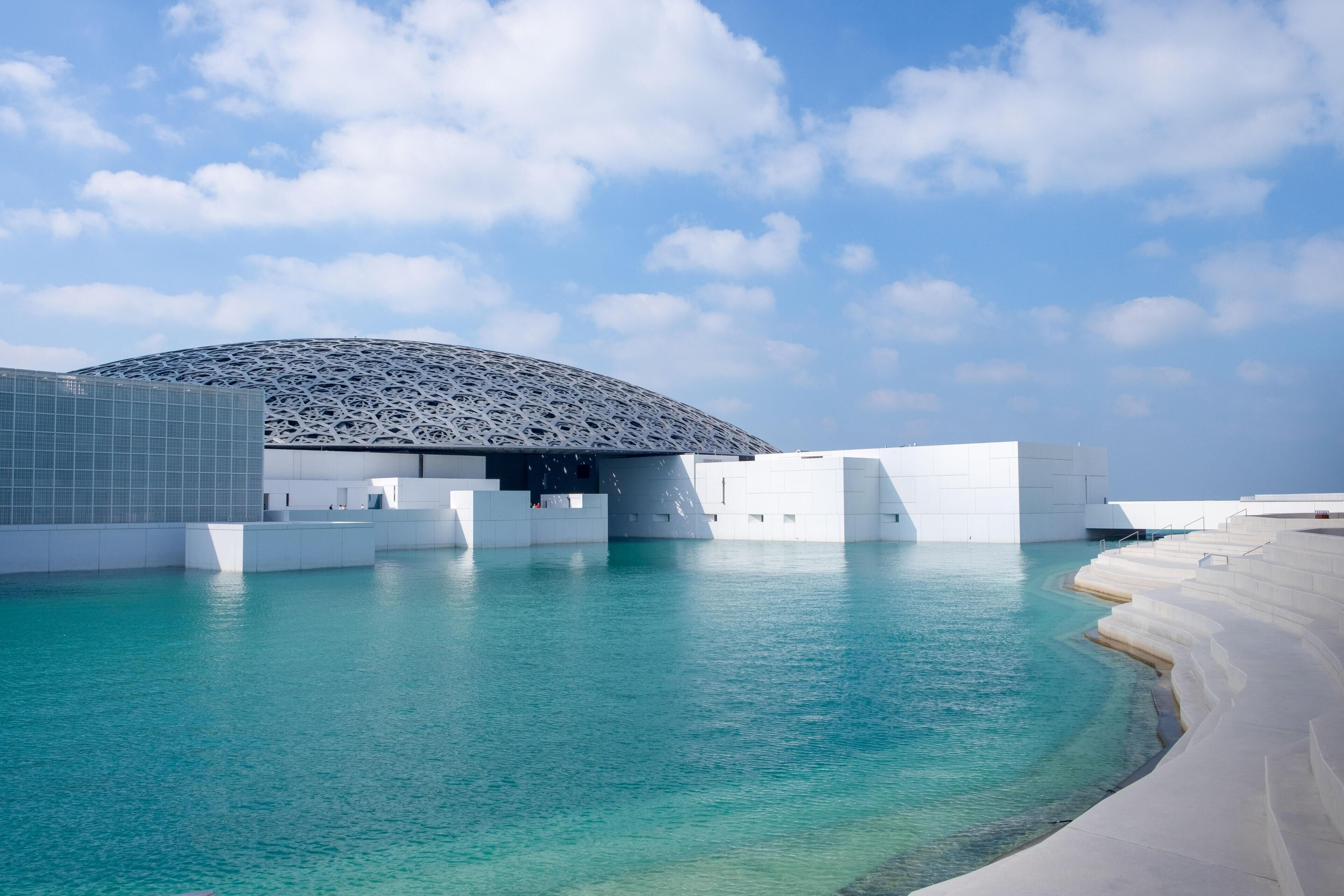 Louvre Abu Dhabi UAE, View of External Dome and Sea