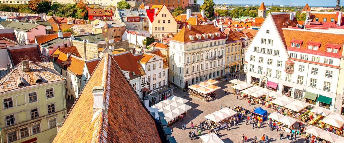 Aerial view on the old town with main central square in Tallin, Estonia