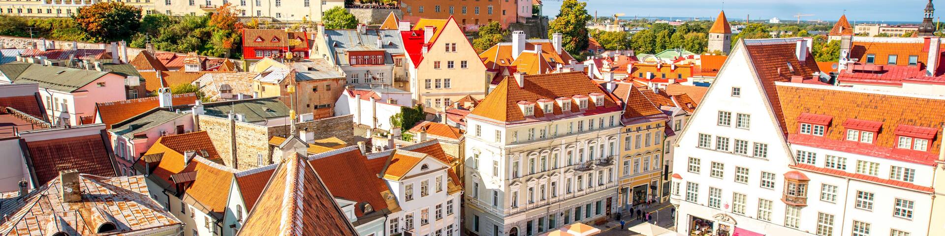 A bustling European market square surrounded by historic buildings with red-tiled roofs.
