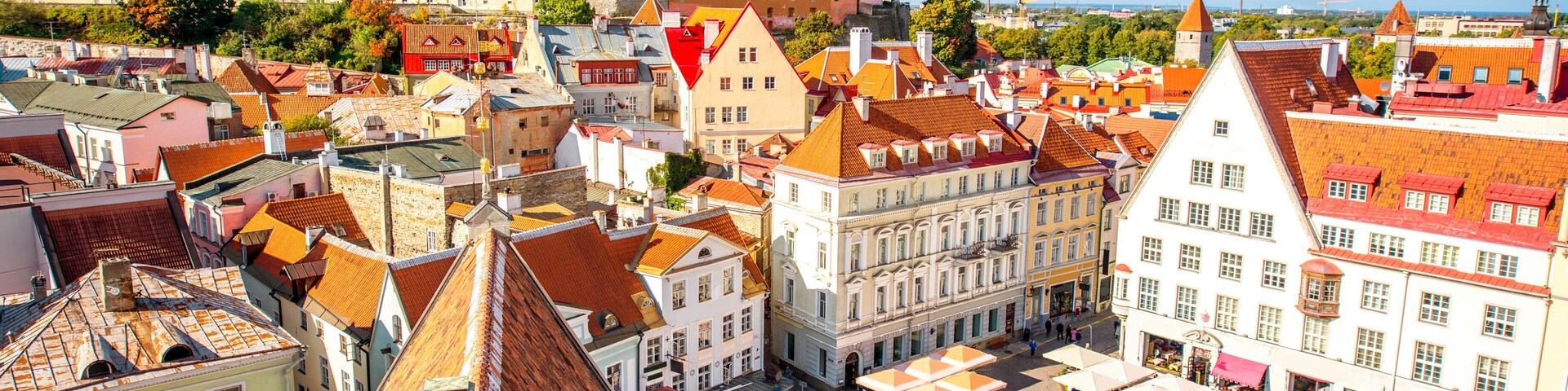 Aerial view on the old town with main central square in Tallin, Estonia