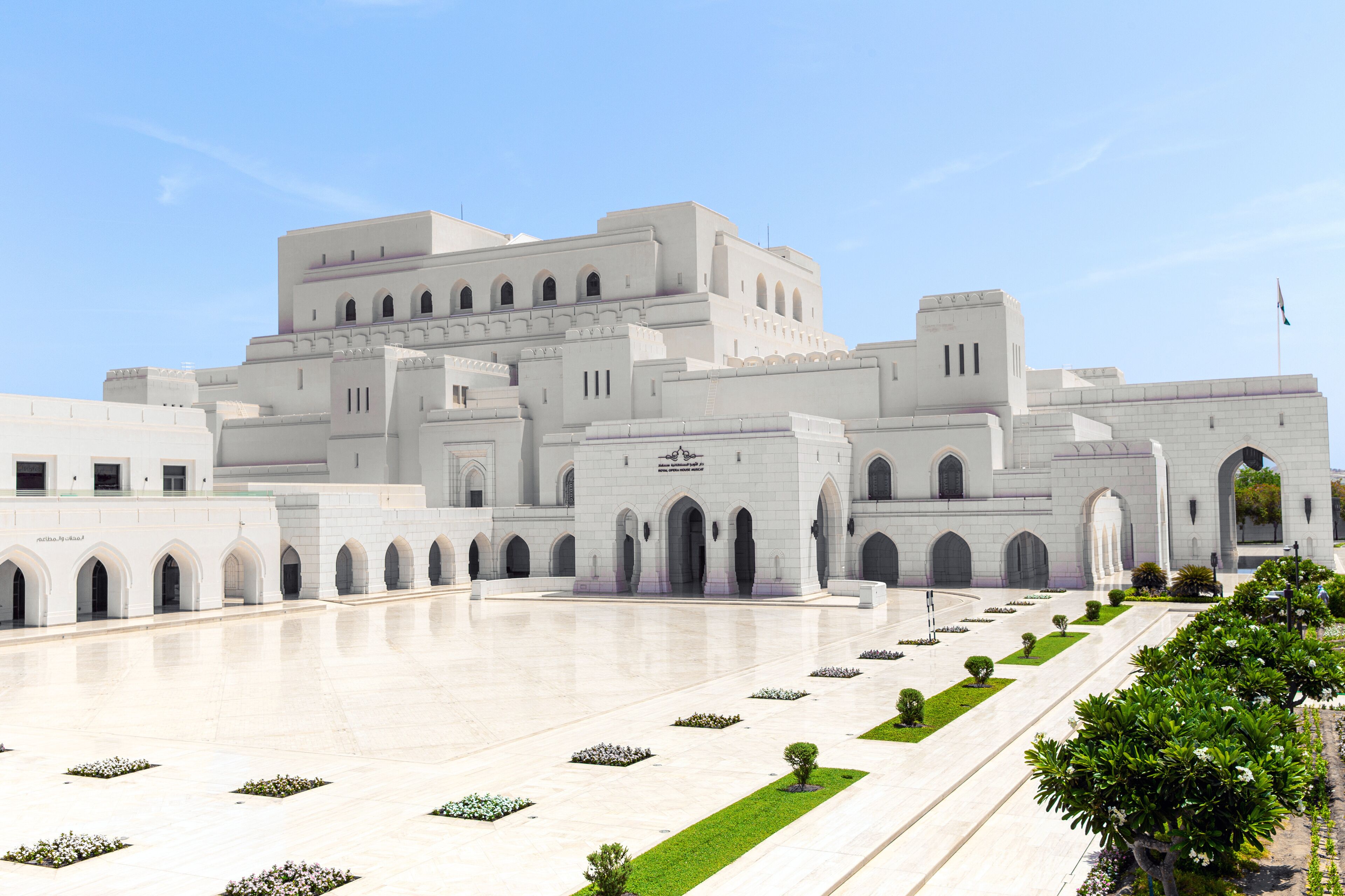 Royal Opera House in Muscat with reflections on polished marble floor in front. Sultanate of Oman