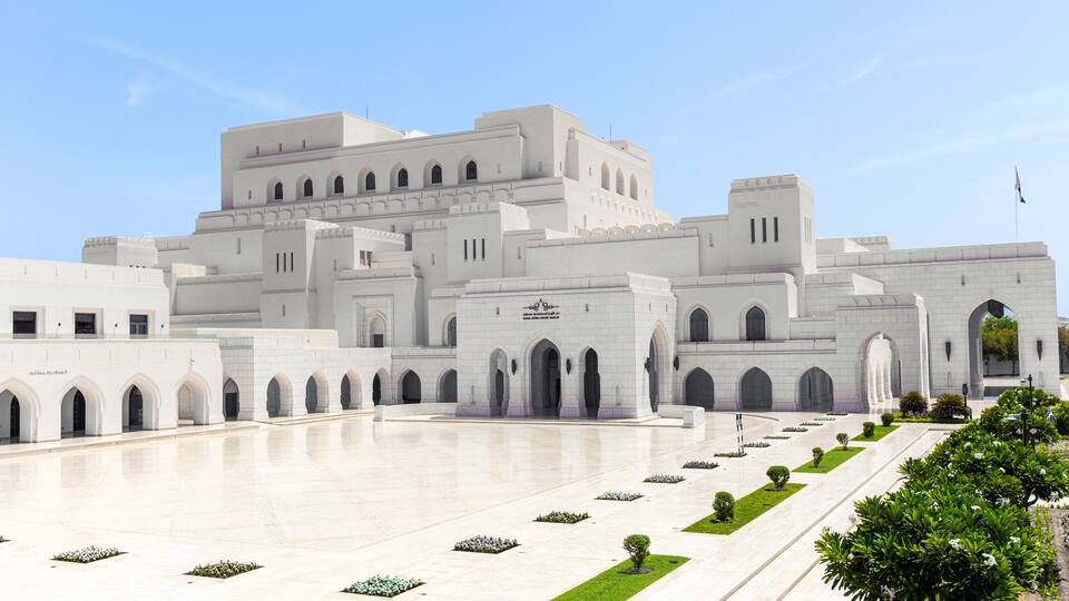 Royal Opera House in Muscat with reflections on polished marble floor in front. Sultanate of Oman