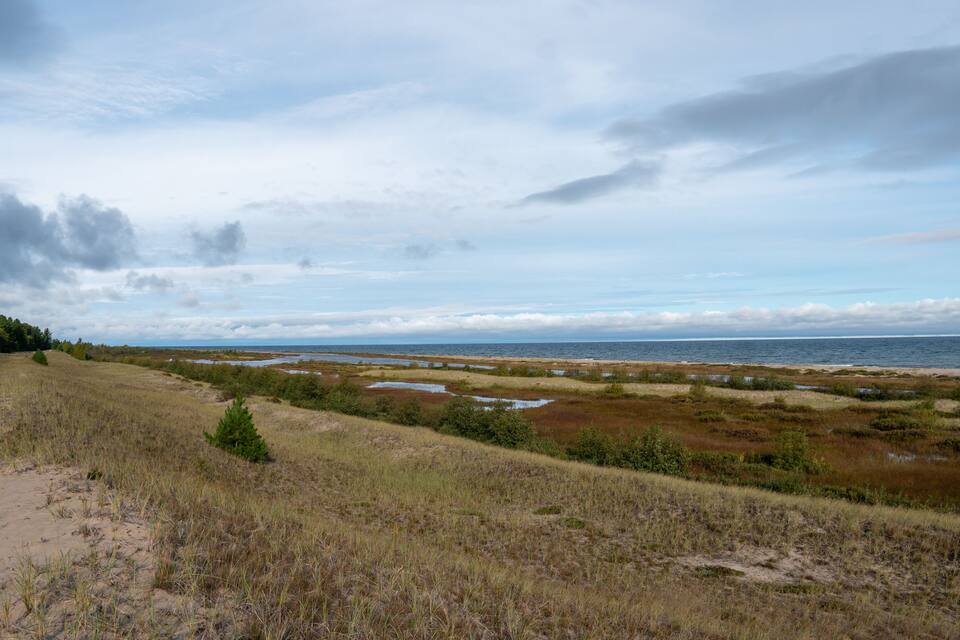 Un paisaje costero con una playa arenosa, dunas cubiertas de hierba y una masa de agua.