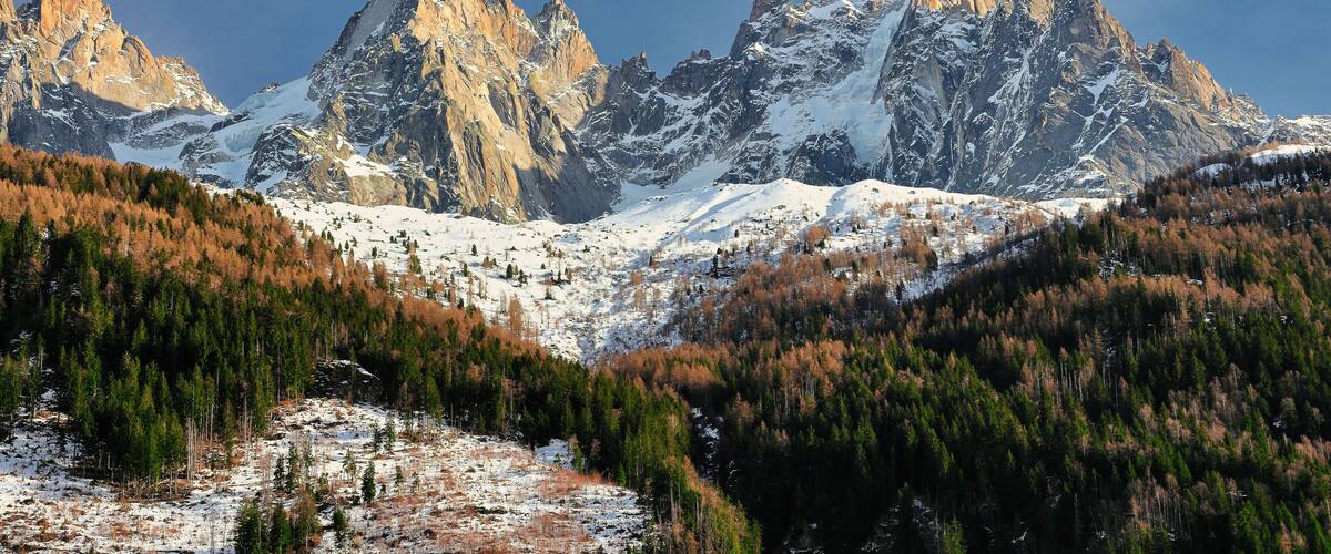 View of the Mont Blanc massif on the glacier Mer de Glace. French Alps, Europe.