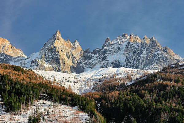 View of the Mont Blanc massif on the glacier Mer de Glace. French Alps, Europe.