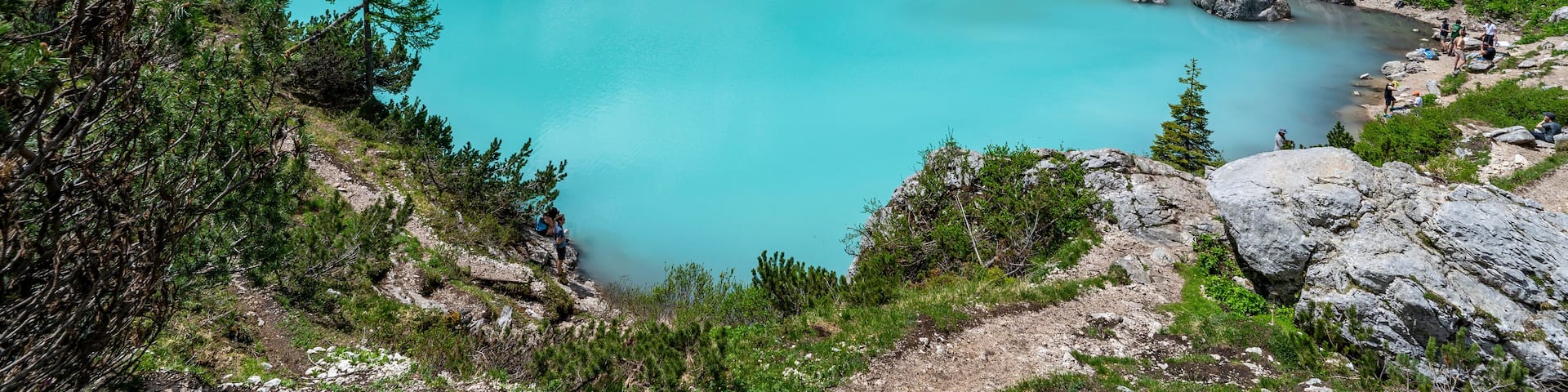Italy, Veneto, Lake Sorapiss - June 4 2022: The magnificent Sorapiss lake in the Dolomites