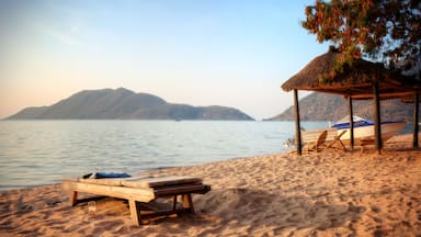 A beach with a wooden lounge chair, a thatched-roof hut, and a boat on the sand.