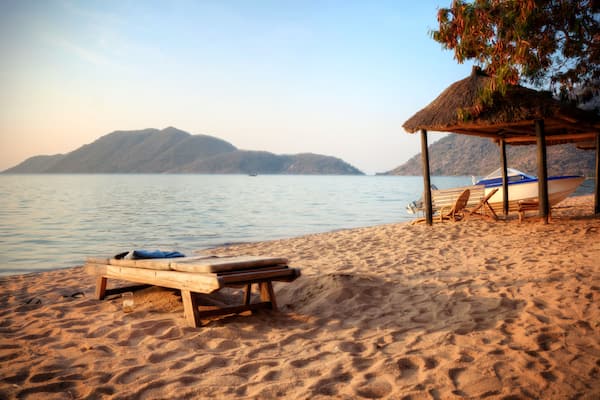 Panorama of a beach in Monkey Bay, Lake Malawi, Malawi, Africa