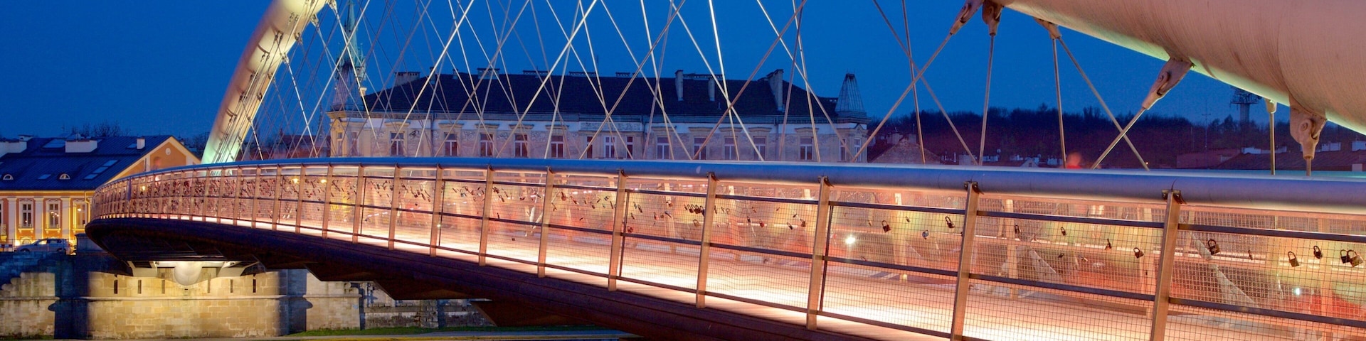 Krakow featuring a bridge and night scenes